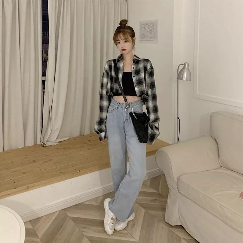 QR - ZFS OOTD Kemeja Wanita Kotak / MONOCHI MONOCHROME TARTAN HILOW SHIRT / Kemeja Crop Wanita / Kem