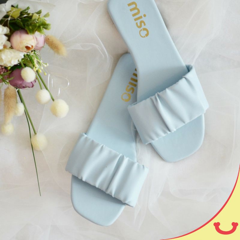 Sandal Flat Wanita Tali kerut biru pastel terbaru