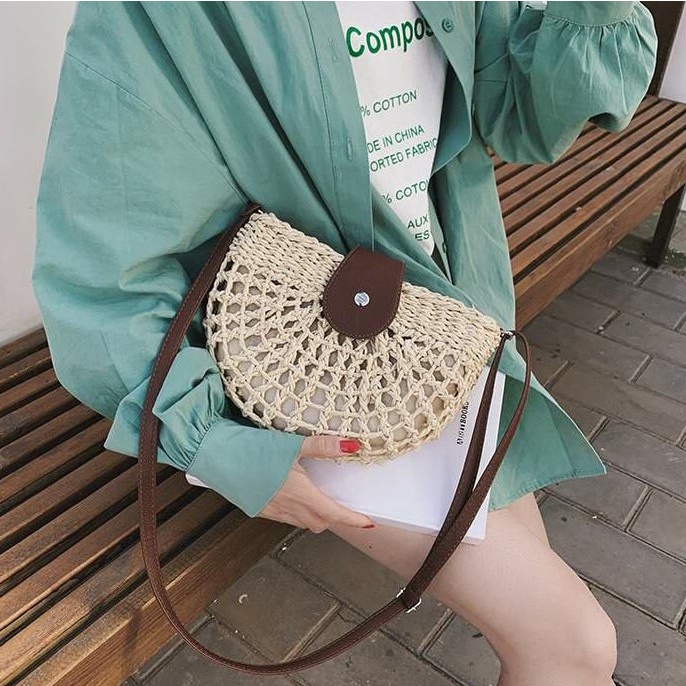 BJ64122 - BEIGE/DARK KHAKI AS PHOTO - TAS ROTAN RATTAN TALI RAJUTAN ANYAMAN TAS PANTAI WANITA FASHIO
