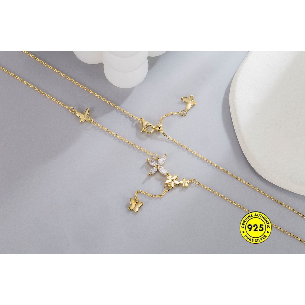 Kalung Rantai Sterling Silver 925 Dengan Liontin Bunga + Kupu-Kupu Untuk Wanita / Musim Panas Butterfly