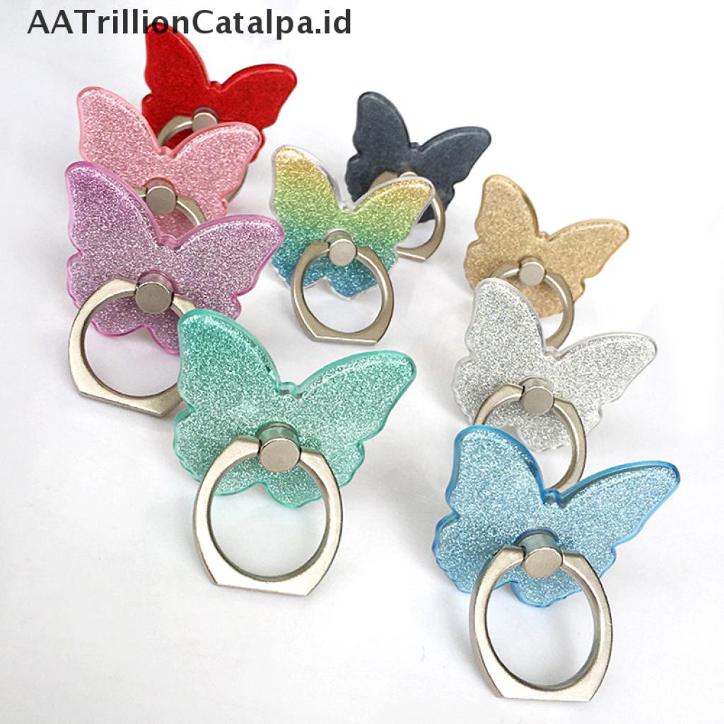 (AATrillionCatalpa) Ring Stand holder Hp Universal Bentuk Kupu-Kupu Aksen Glitter Bisa Berputar 360 °