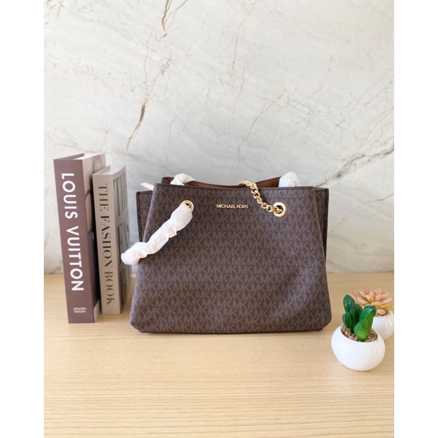 Tas MK original - Michael kors large teagen long drop satchel in signature brown