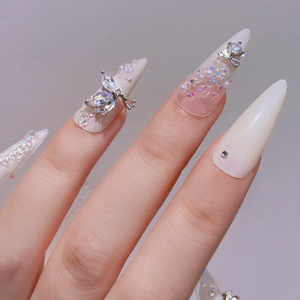AUGUSTINA Augustina Nail Art Berlian Imitasi Mewah Flash Mutiara Kupu-Kupu Cinta Rantai Liontin Perhiasan Kuku DIY