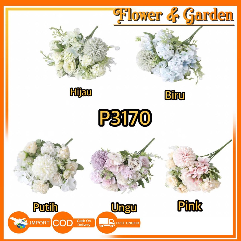 F&G P3170 BUNGA HYDRANGEA MIX BUNGA TANGKAI PLASTIK BUNGA ARTIFISIAL BUNGA PAJANGAN BUNGA HIASAN