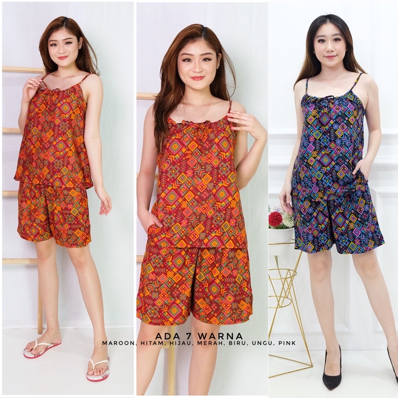 Set Piyama Baju Tidur Wanita Batik Stelan Lengan Tali Serot-2