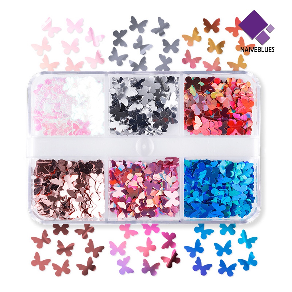 Naiveblue &gt; 6 Sekat / Kotak Sequin / Payet Bentuk Kupu-Kupu Untuk Dekorasi Nail Art Butterfly