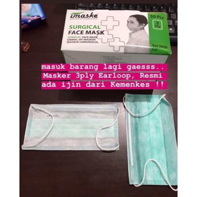 Surgical mask masker imaske earloop / non hijab 3 ply 1 kotak isi 50