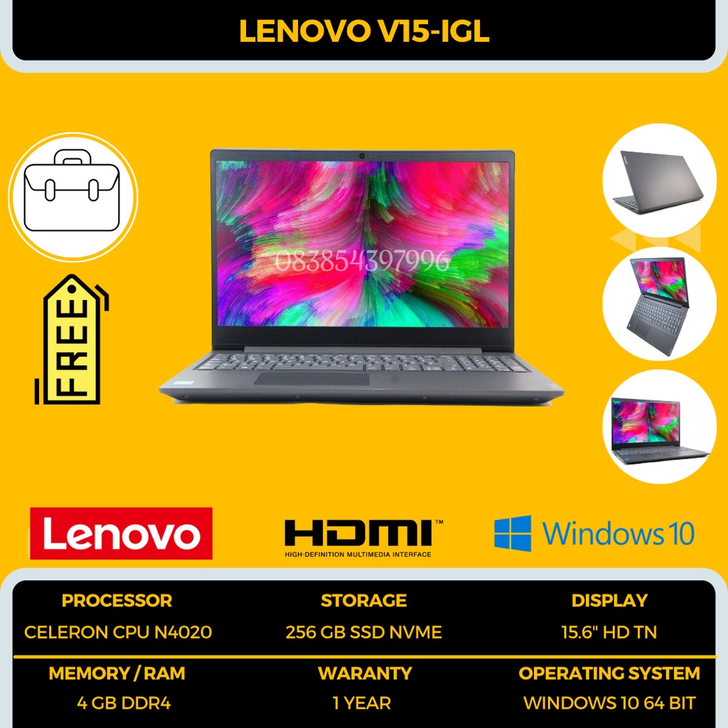 SALE !!! LAPTOP LENOVO 4 JUTAAN SSD V15-IGL [FREE INSTALL WINDOWS 10 + OFFICE / BONUS TAS / 15.6&quot; HD / SSD 256GB / RAM 4GB DDR4 / INTEL CELERON N4020] - TEKNO KITA