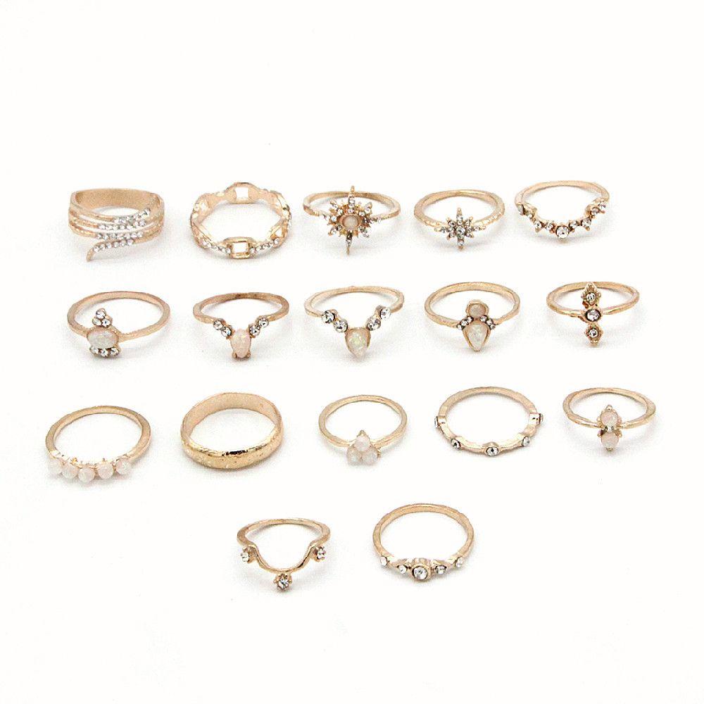 Nanas 17pcs/Set Cincin Set Perhiasan Pernikahan Mutiara Kristal Bohemian