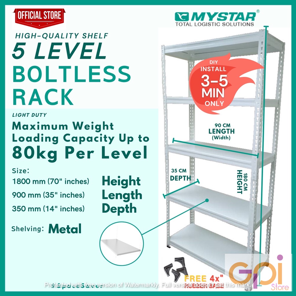 RAK BESI / RAK SIKU BOLTLESS MYSTAR BS5000E - 5 LEVEL - AMBALAN BESI (90x35x180cm)