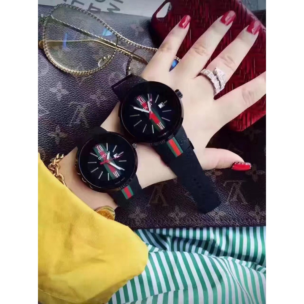 JAM TANGAN GUCCI COUPLE HARGA SATUAN RUBBER TYPE 1142 SEMI ORI BLACK