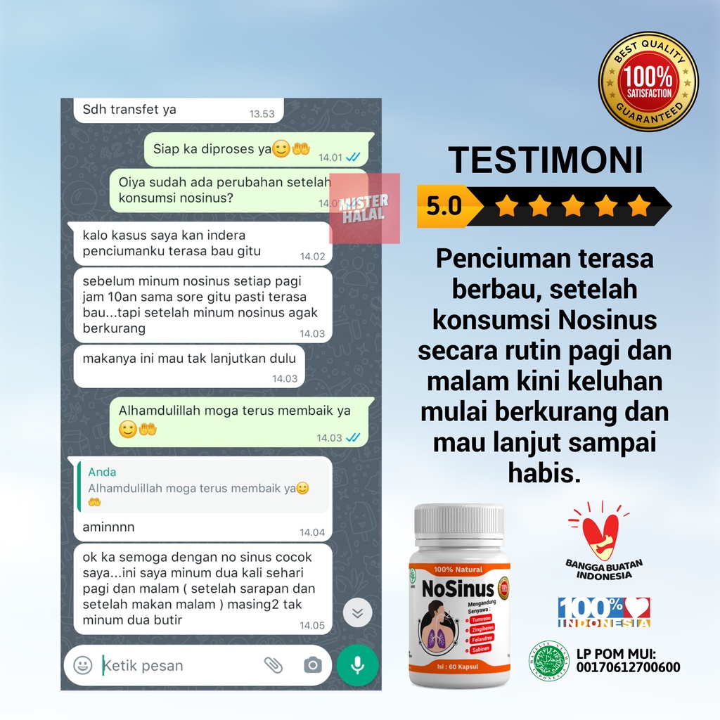 NOSINUS Obat Penyakit Sinusitis 100% Alami, Solusi Sinus, Nyeri Dada, Gangguan Pernapasan, Sakit Tenggorokan, Kapsul Herbal Gurah - Atasi Batuk Berdahak, Tidur Mendengkur / Ngorok