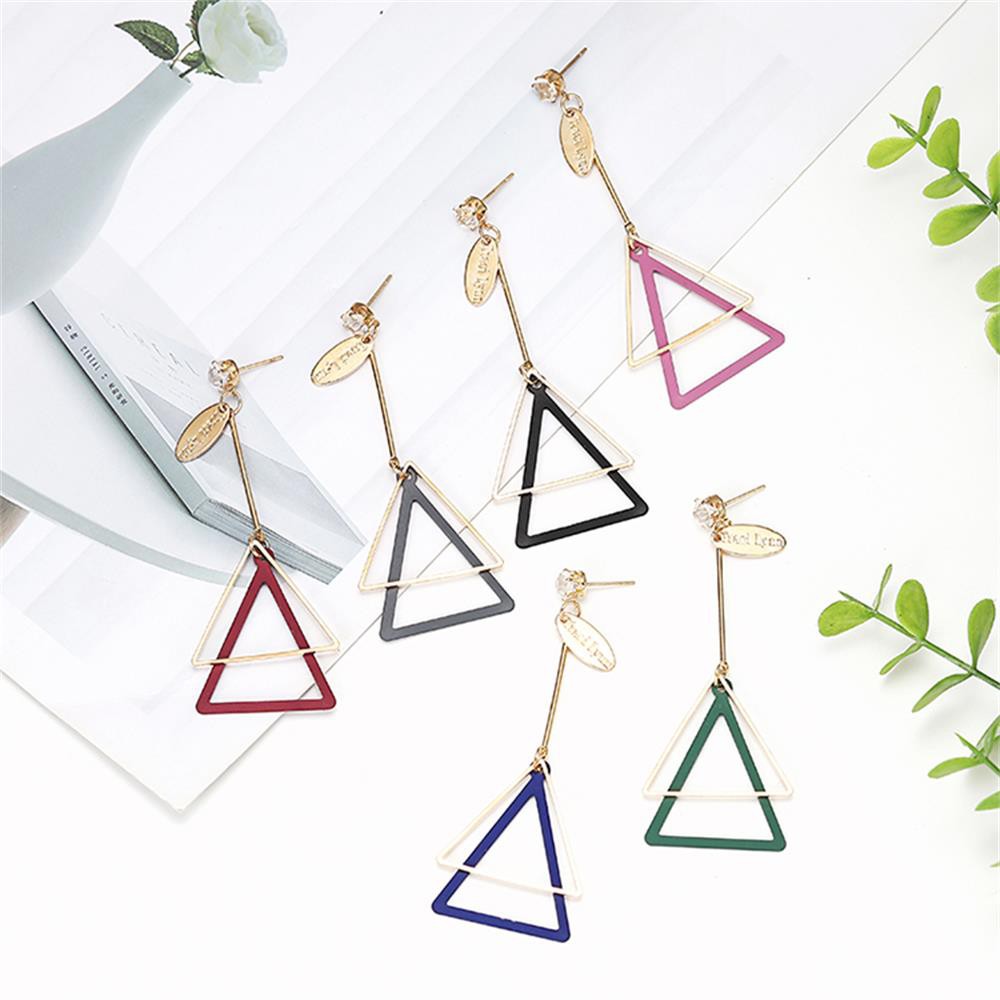 Anting warna-warni gaya manis ramah lingkungan cat anting segitiga logam dalam enam warna