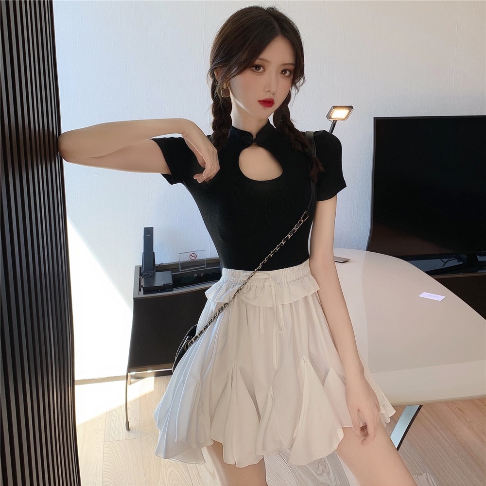 #Sisjuly#  Hollow-Out Berdiri Kerah Rajutan Lengan PendekTT-shirt Wanita2022Musim Panas BaruinsSuper Hot Pendek