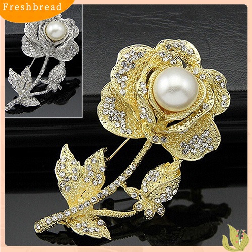 [ TERLARIS]Women's Rose Flower Faux Pearl Rhinestone Brooch Pin Bridal Wedding Jewelry Gift