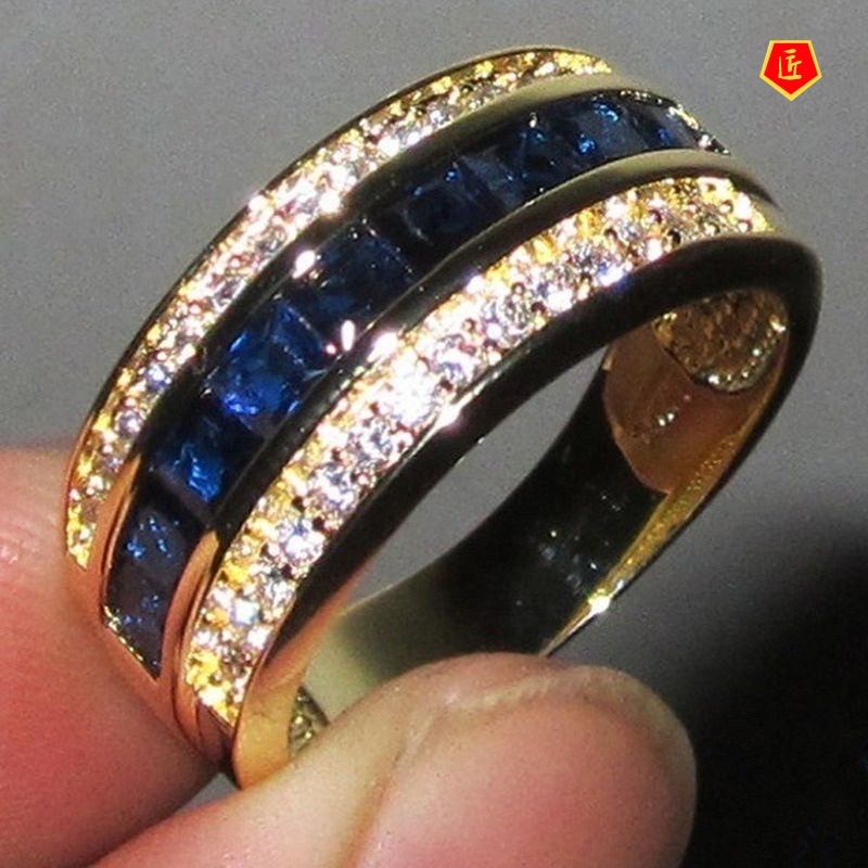[Ready Stock]Full Diamond Sapphire Square Diamond Ring 18K Gold Flash Diamond