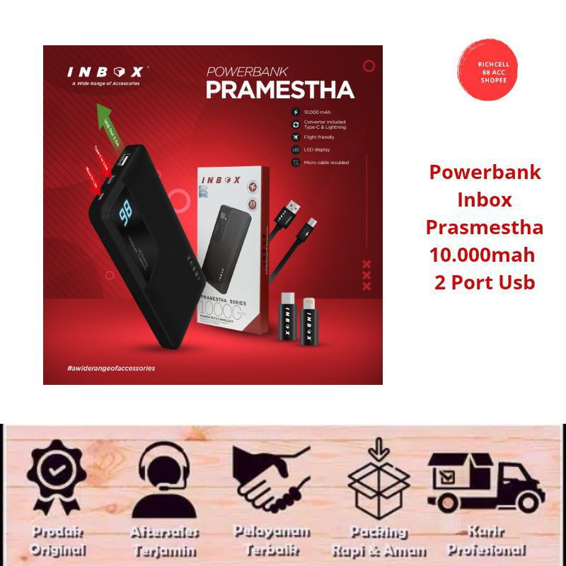 Powerbank Inbox Pramestha 10.000mah Led Indicator 2 Port Usb + 2 conector