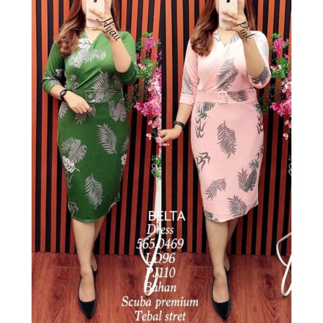 Dress Scuba Premium Wanita Motif Daun Tunik Jumbo Wanita Scuba - Belta Dress KlipBusana