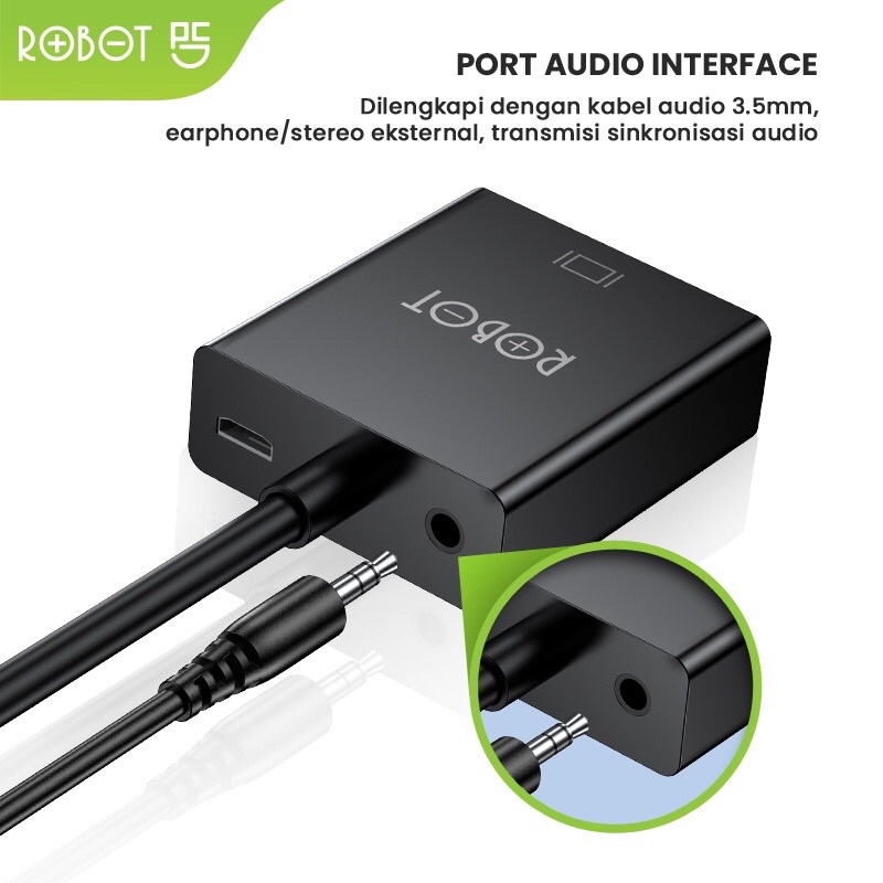 ROBOT RHV20 HDMI TO VGA Adapter Laptop/PC 1080P (With Audio &amp; Power Supply) Black - Garansi 1 Tahun