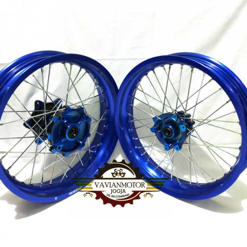 Roda Set Supermoto CRF Biru Silver Velg Rossi 300 350 Ring 17 Jari jari 36 Hold Tromol Willwood AND
