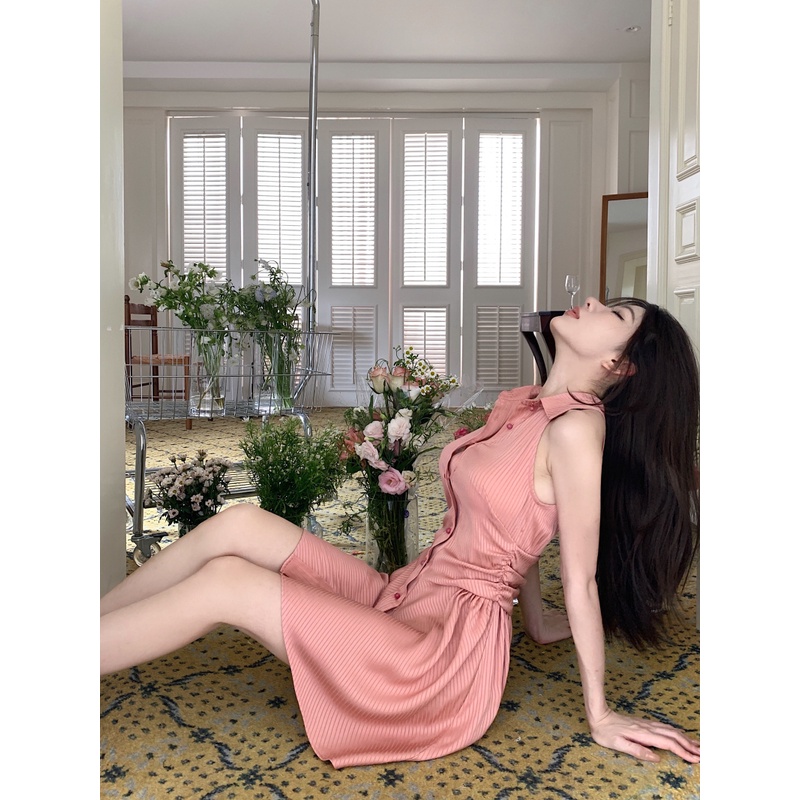 Suhao pinggang polo-neck dress wanita musim panas pink tanpa lengan manis hot girl temperamen seksi
