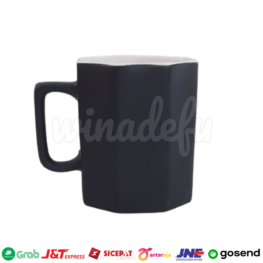 MUG GELAS CANGKIR KERAMIK POLOS DOFF HITAM PINK MOTIF OCTAGON SEGI 8