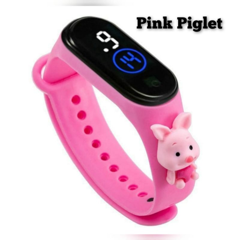 Jam tangan anak Elektronik LED display Tahan Air karakter motif kartun lucu  bahan rubber-Pink Piglet