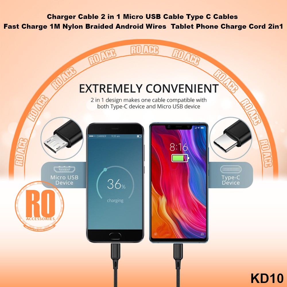 [RO ACC] NVN-KD10 2IN1 KABEL CHARGER MICRO USB / TYPE C DEVICES PREMIUM QUALITY