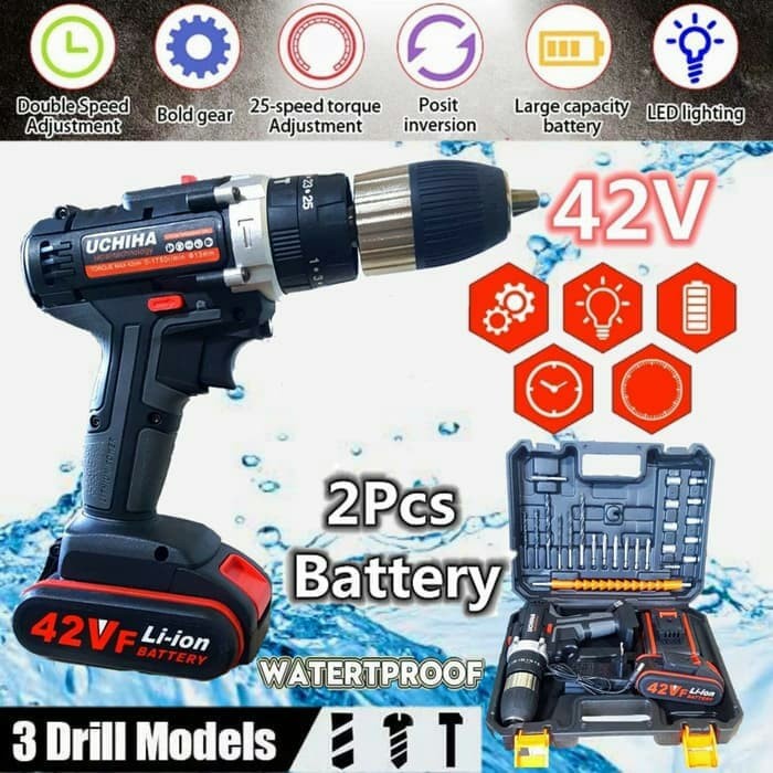 bor baterai impact drill besi kayu UCHIHA 13mm 42volt japan qualiti