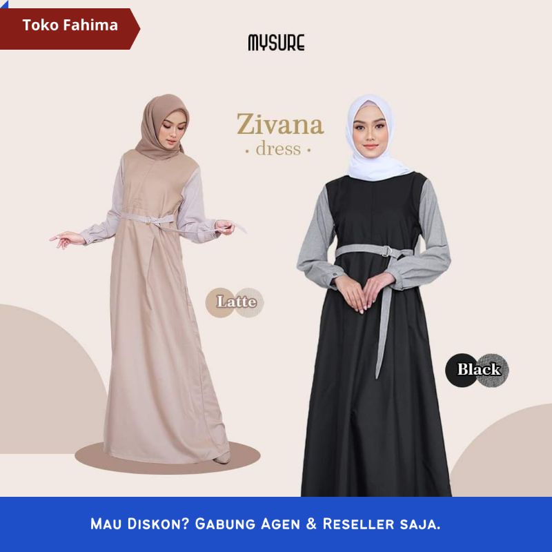 Gamis Casual Simple Elegan Warna Hitam Polos Krem Latte Dua Warna Zivana Dress Original Brand MySure