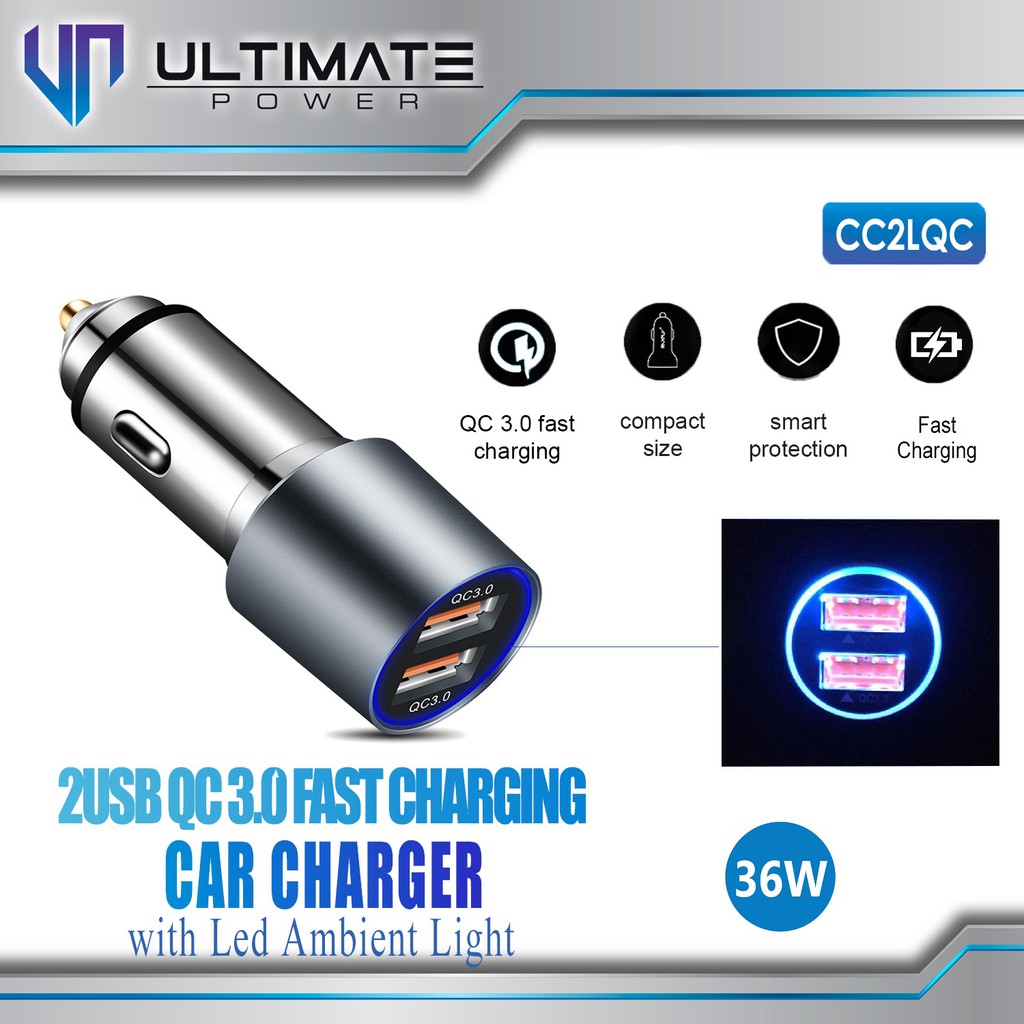 Ultimate Power PD+QC Fast Charging Car Charger with LED Ambient Light original100%asli