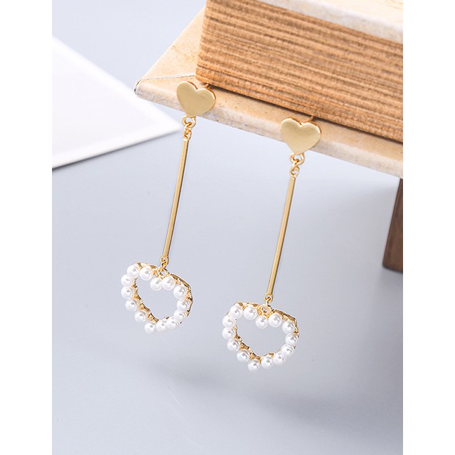 LRC Anting Tusuk Fashion Golden Long S925 Silver Needle Alloy Ring Heart-shaped Pearl Earrings F9141