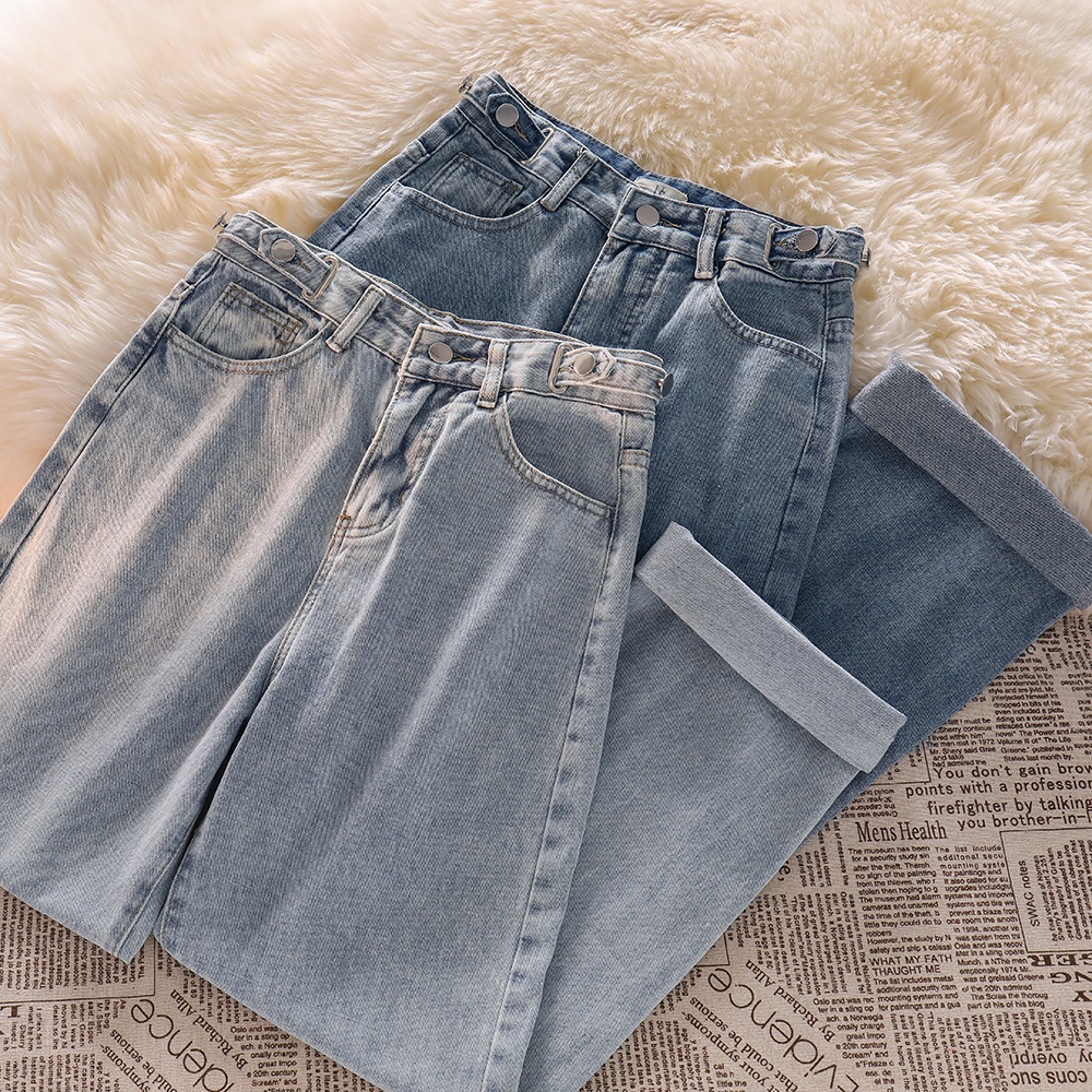 Biru Korea Highwaist Loose Kasual Celana Jeans Panjang Wanita(Pinggang bisa penyesuaian)