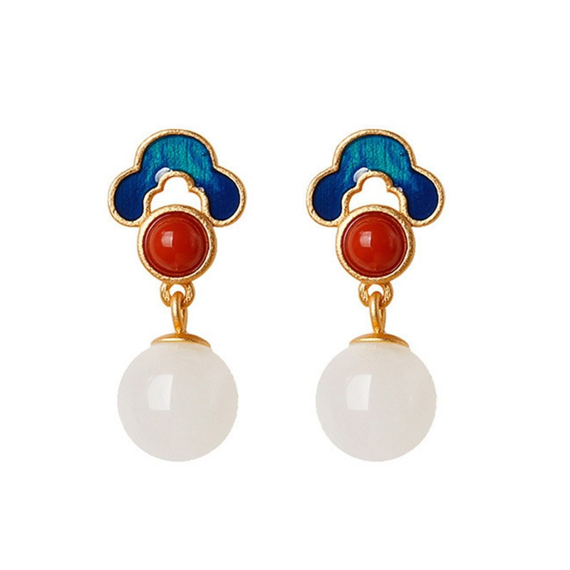 New Product Design 925 Sterling Silver Ancient Gilt Natural Hetian Jade Earrings Enamel Auspicious Cloud Female Earring|Drop Earrings