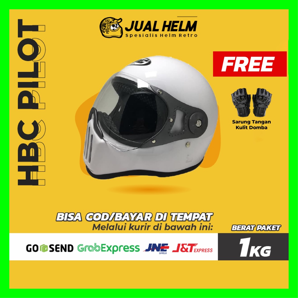 HELM CAKIL HBC PILOT VISOR PUTIH ( Fullface / Retro / Klasik / Vespa )