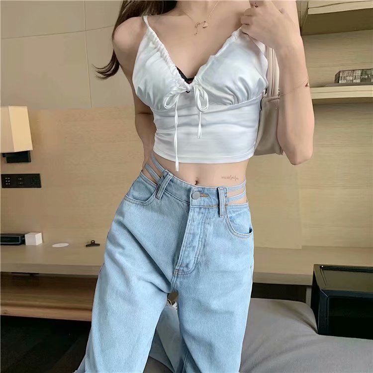 Suhao Versi Korea dari high-waist sisi meninju seksi sling wide pants musim semi desain baru jeans