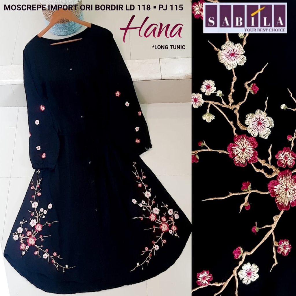 Hana Long Tunik Atasan Jumbo Wanita LD 118 XXXL Bordir Bunga Ori Sabila Bahan Moscrepe Import