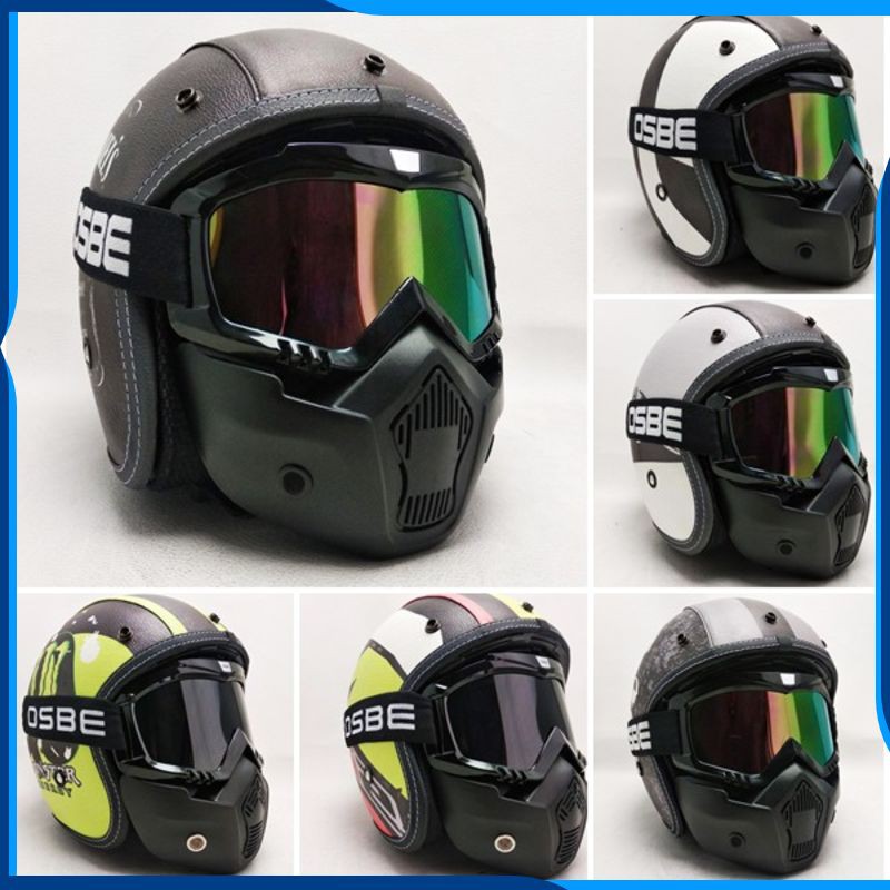 HELM MOTOR SNI - Helm Retro Kulit Kaca Goggle Mask google masker Merek OSBE, TaffSport, Inko dll