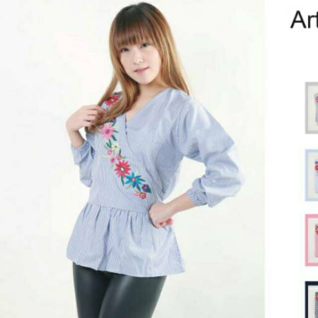 Blouse wanita Kimono bahan katun kotak / garis bordir dada ada tali pinggang Ken-326