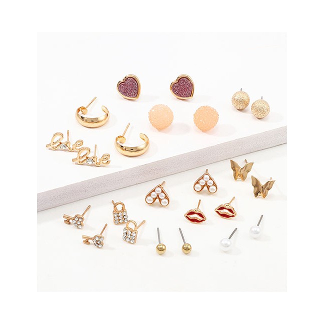 LRC Anting Set Fashion Golden Love Butterfly Lock Diamond Earring Set D63057