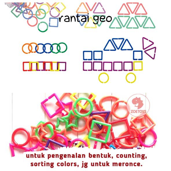 Zoetoys Rantai Geo 100gram |  Linking Shape Rainbow Geometry Shape Links Meronce Geometri Belajar Model Bentuk Mainan Edukasi Anak Jadul