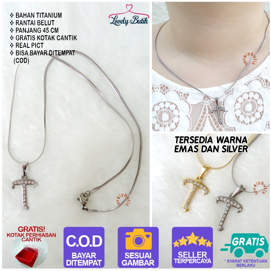 Lovelybutik Honey Kalung Huruf  Abjad Titanium Anti Karat Inisial T Uk 45 cm BONUS KOTAK PERHIASAN