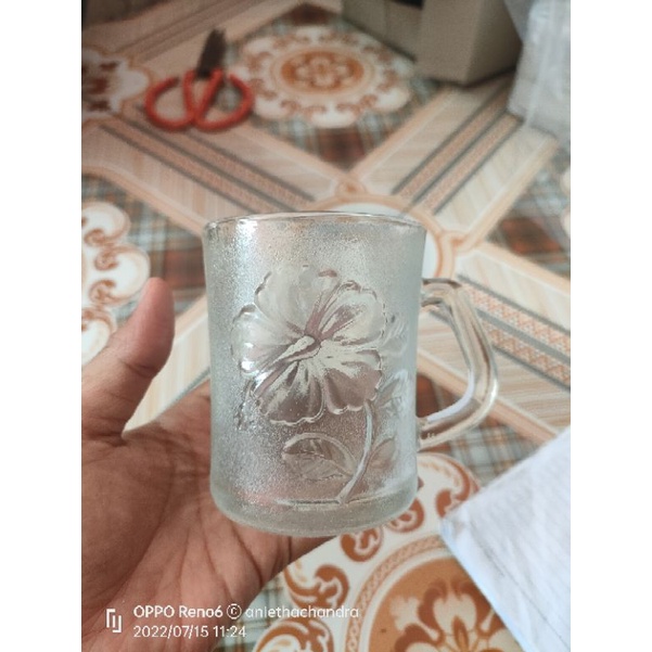 Gelas Kopi Gagang Motif Timbul Isi 6 PCS/Gelas Kopi Bahan Beling Tebal