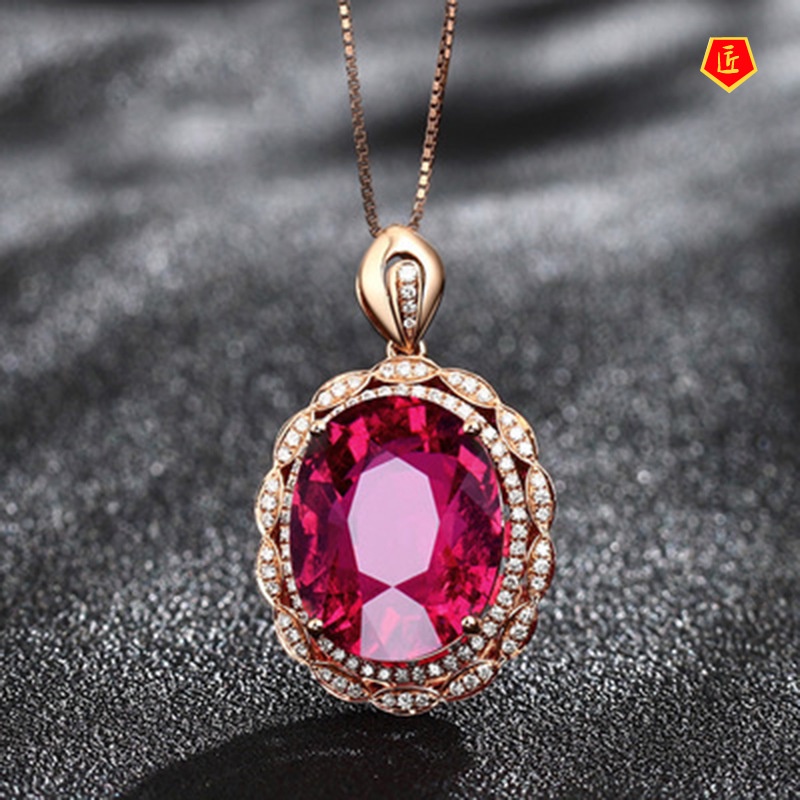 [Ready Stock]Luxury Oval Tourmaline Pendant Rose Gold Necklace Women's Fashion Accessories