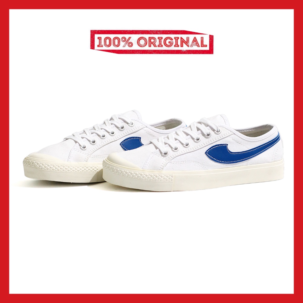 ORIGINAL - Sepatu Brand Lokal Kasual Pria Wanita No Brand White Blue Low Not Sneakers Compass Gazelle Putih Biru