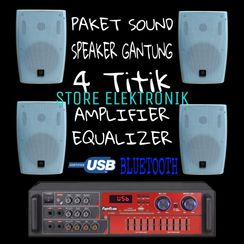 Paket Sound 5 in Cafe Dan Kantor Speaker White 4 Titik Ampli Bluetooth