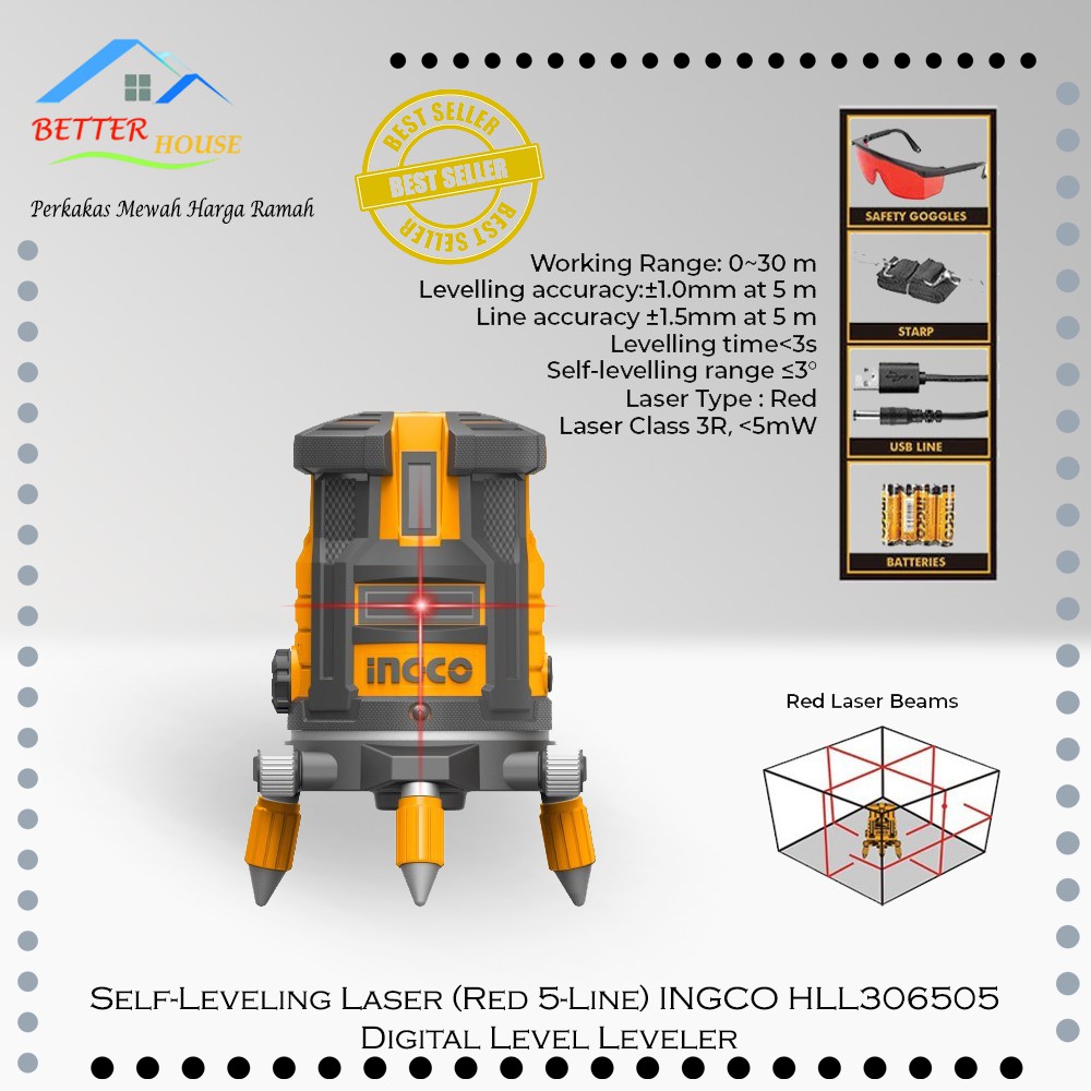 Self-Leveling Laser (Red 5-Line) INGCO HLL306505 Digital Level Leveler