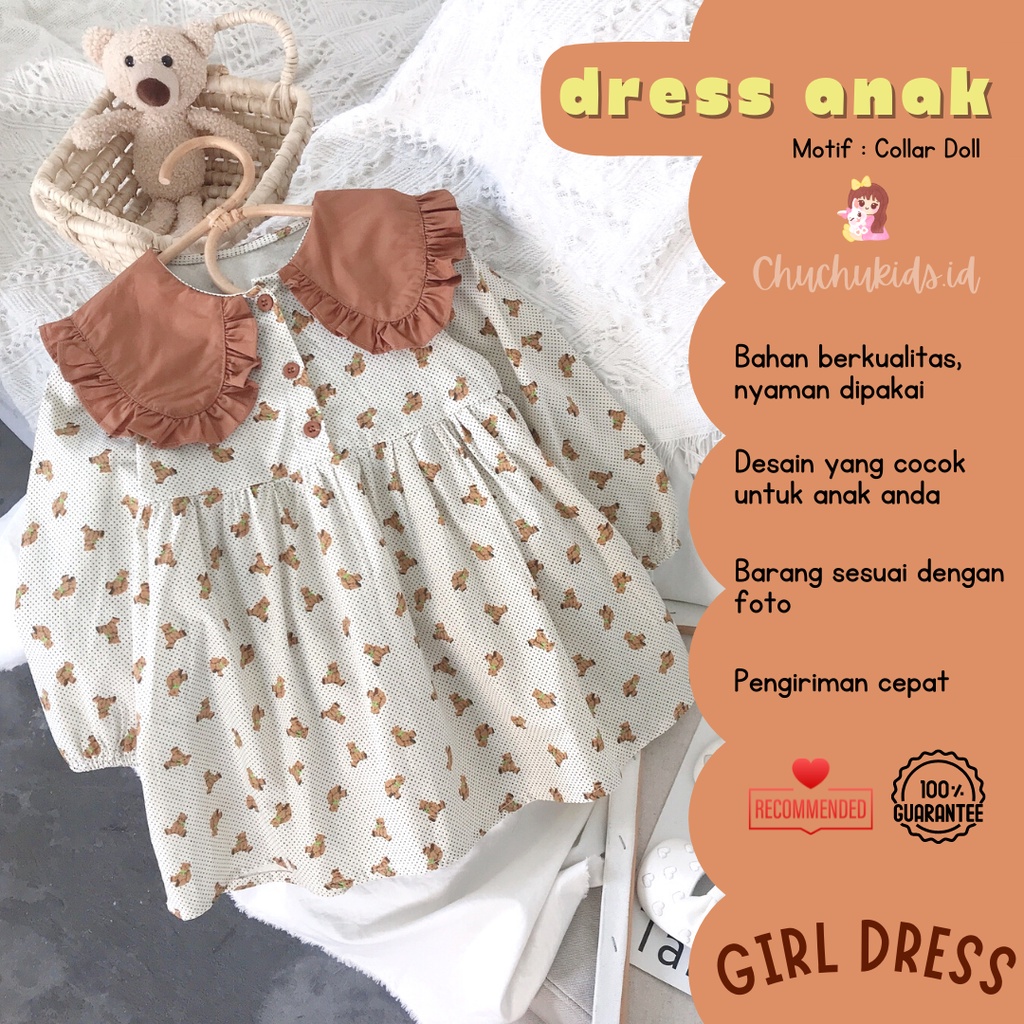 DRESS Anak Perempuan Dress COLLAR DOLL Dres bayi motif korea Baju Dress Anak Cewek Korea elegan lengan panjang Import