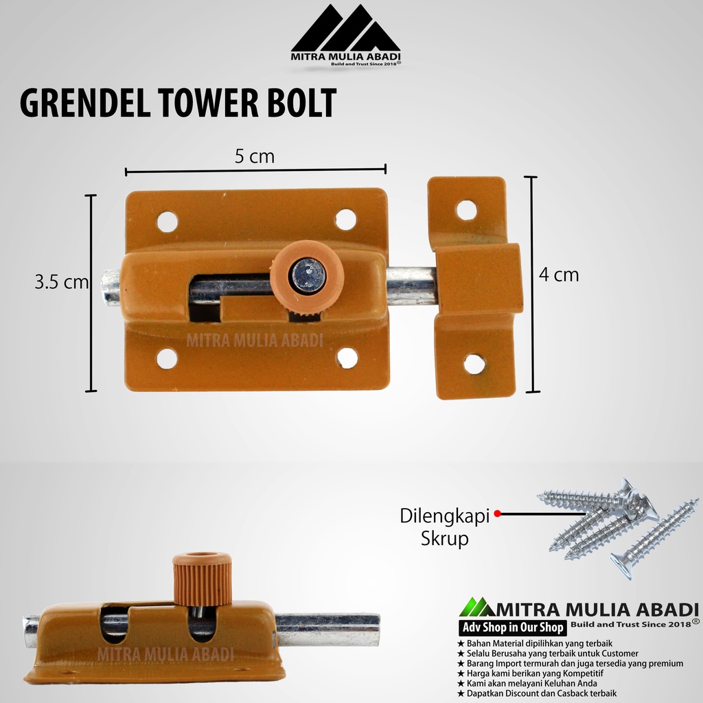 Grendel Tower Bolt VOC Slot Pintu Jendela 2 Inch / 5 cm l Skrup Baut (1) pcs