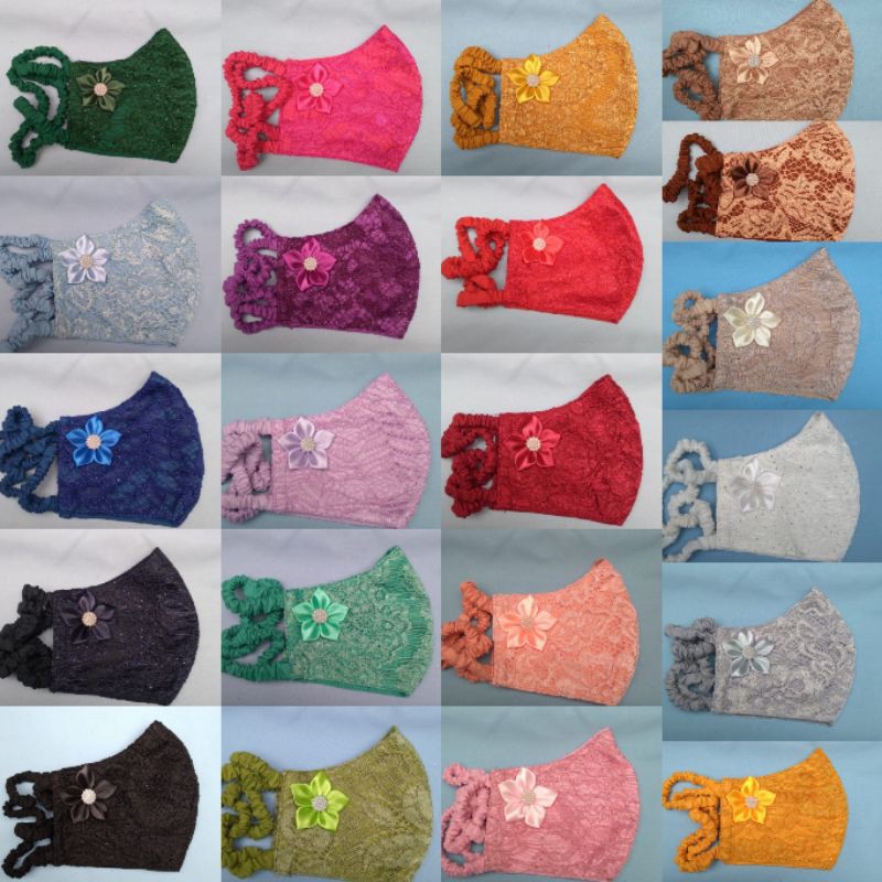 masker brukat, 3ply, headlop hijab, masker wanita, masker mewah, masker lucu, masker brokat